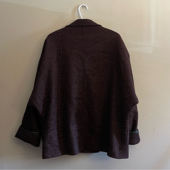 Vintage BHS Wool Burgundy Double-Breasted Cape Coat w Leather Trim Size 18 - Picture 13 of 15